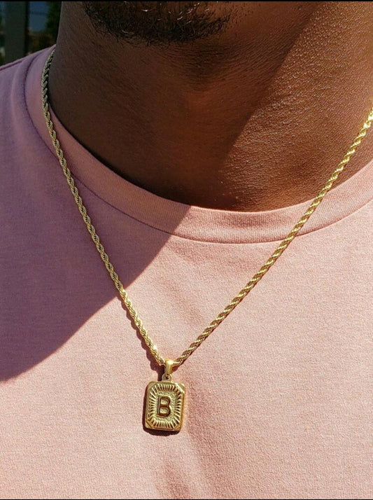 Men's Square Initial Pendant Necklace with Gold Rope Chain – Stainless Steel (K) yAlphabet Jewelry