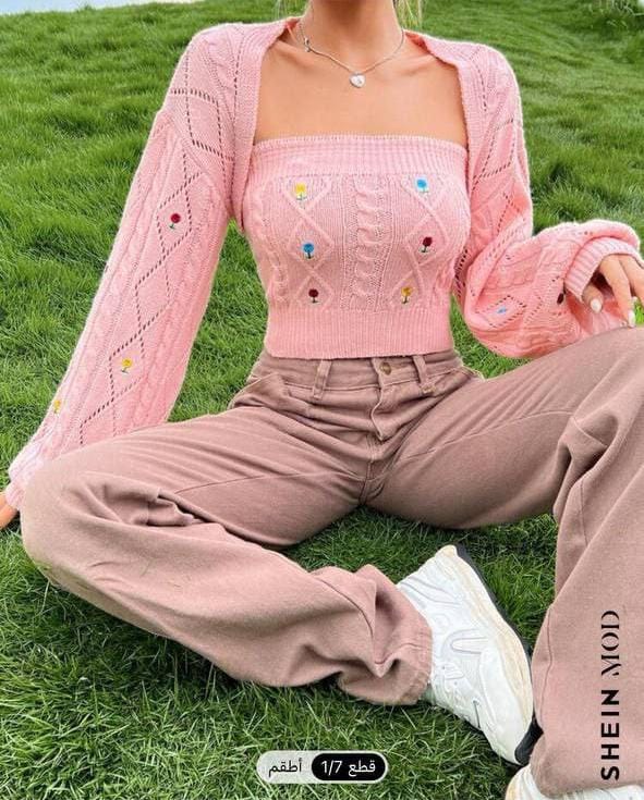 Pink Floral Embroidered Knit Cardigan & Tube Top Set