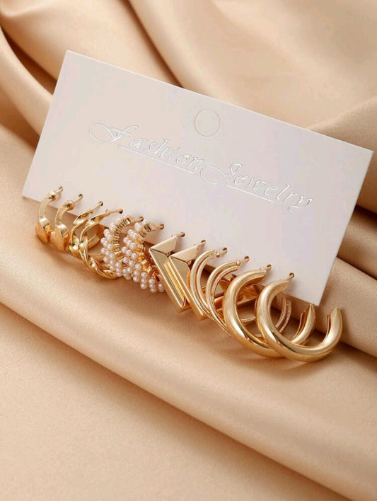 6 Pairs Zinc Alloy Earrings – Pearl Ear and Heart Designs