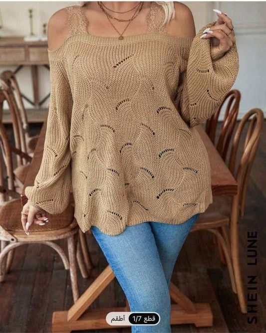 Plus Size Coffee Knit Off-Shoulder Sweater