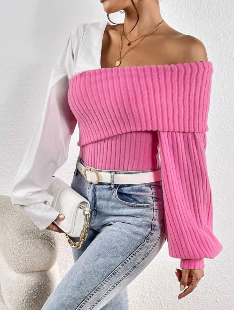 SHEIN Essnce Two Tone Asymmetrical Neck Lantern Sleeve Crop Top