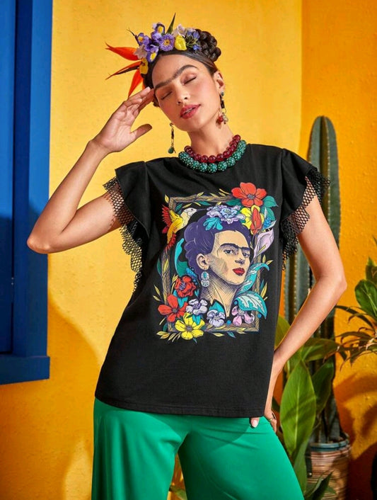 Frida Kahlo X SHEIN Contrast Stripe Ruffled Graphic Tee