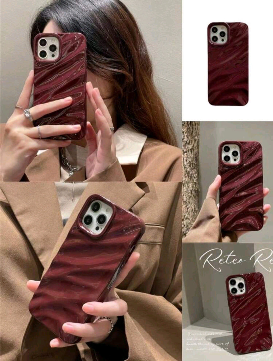 Burgundy 3D Wave Pattern Anti-Fall Phone Case with Crumpled Silk Texture and Electroplated Polished Finish (iphone 15 pro) 